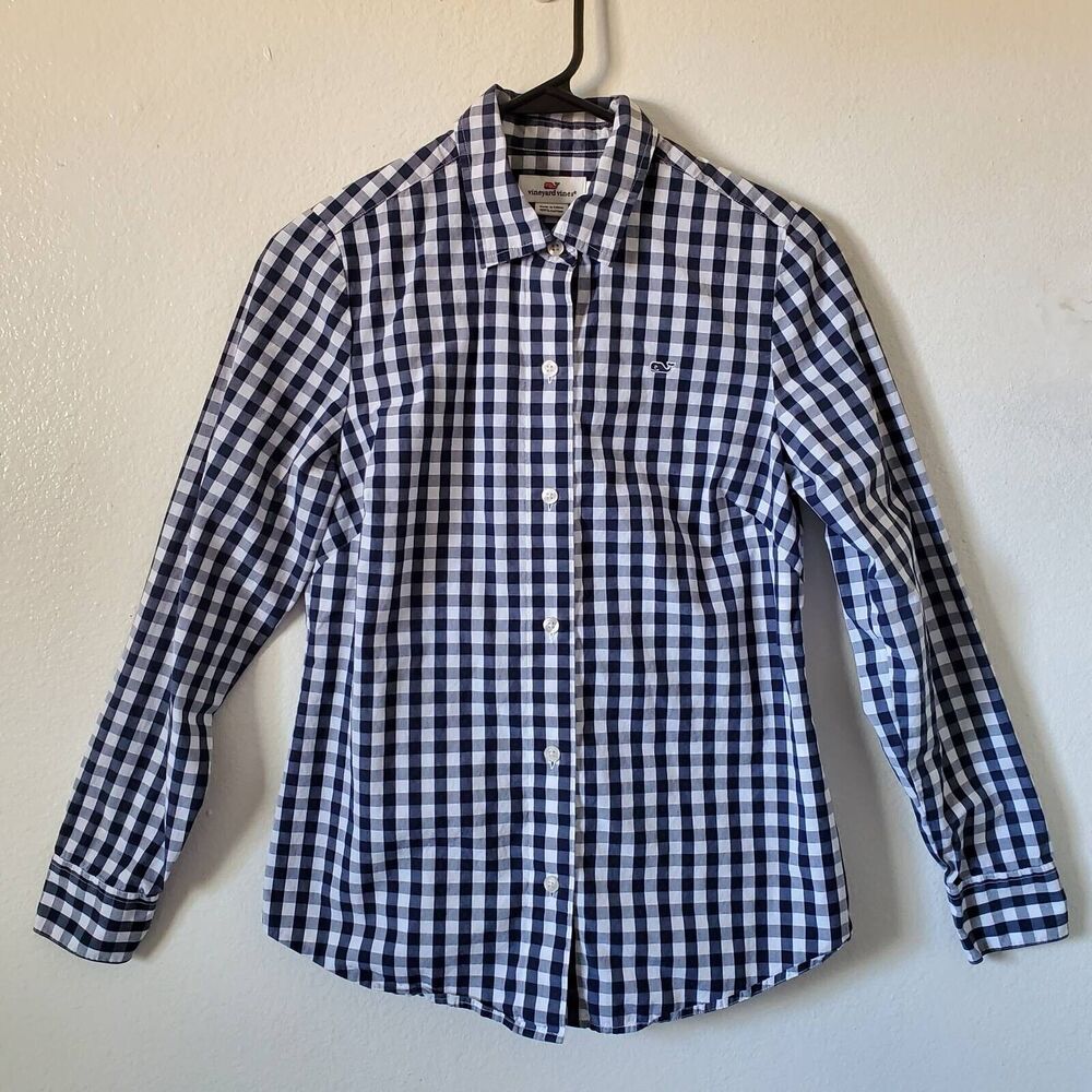 Vineyard Vines Button Front Shirt Womens size 0 Blue Gingham Long Sleeve Tapered